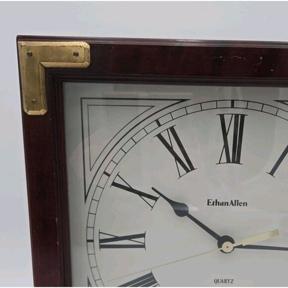Ethan Allen Wooden Clock Brass Accents Roman Numerals Quartz Made In USA - Picture 3 of 16